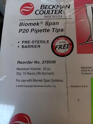 Buy Beckman Coulter Biomek Span  Pipette Tips 20 Ul  P20 Sterile 10 Racks Of 96 Tips • 79.99$