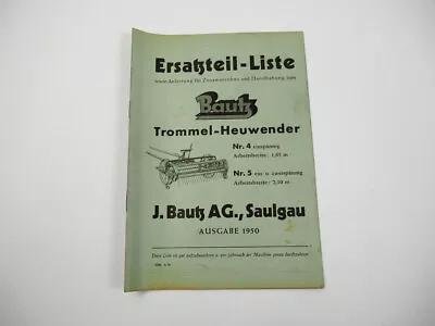 Buy Bautz Drum Hay Turner No.4 No.5 Spare Parts List Operating Instructions 1950 • 24.62$