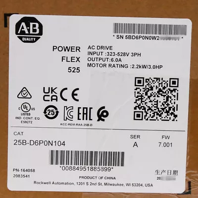 Buy IN US New Factory Sealed Allen-Bradley 25B-D6P0N104 3Hp AC Drive PowerFlex 525 • 475.20$