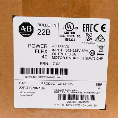 Buy Allen Bradley 22B-D6P0N104 PowerFlex 40 2.2KW/3.0HP AC Drive 22BD6P0N104 • 550$