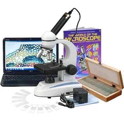 Buy AmScope 40X-1000X Metal Student Compound Microscope, 50 Prep Slide, Book, Camera • 180.99$