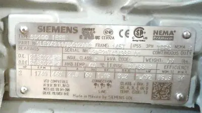 Buy Siemens Motor 1LE24211AB412AA3  3PH 2HP 1800RPM Type SD100 IEEE 841 460V 145T FR • 464.99$