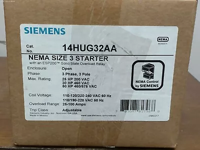 Buy Siemens 14hug32aa Nema Size 3 Starter 3-ph 3-p W/esp200 Over Load Relay • 830$