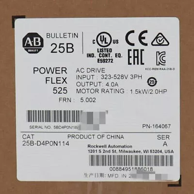 Buy 1PC New Sealed Allen-Bradley 25B-D4P0N114 PowerFlex 525 1.5kW 2Hp AC Drive • 399.12$