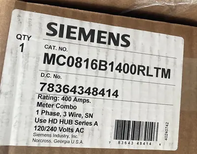 Buy Siemens Mc0816b1400rltm 400 Amp Meter Combo 1 Phase 3 Wire New Unopened Sh • 2,699.99$