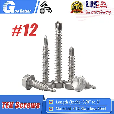 Buy #12 Hex Washer Head Self Drilling Tapping TEK Screws 410 Stainless Steel • 6.59$