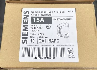 Buy 10 New QA115AFC  SIEMENS 1P 15A AFCI ARC-FAULT CIRCUIT BREAKERS W/ PIGTAIL • 340$