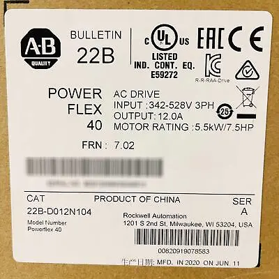 Buy 2020-2021 Allen-Bradley PowerFlex 40 5.5 KW 7.5 HP AC Drive 22B-D012N104 • 692$