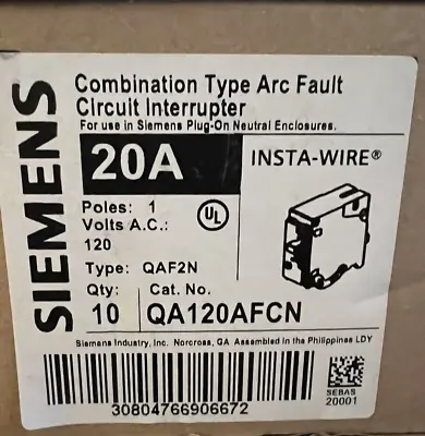 Buy NIB 10 - Siemens ARC Fault Breakers 20 Amp 20A Combination Type QAF2N QA120AFC • 500$