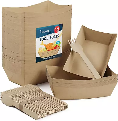 Buy Food Boats (125 Pack) 3LB Brown Paper Food Trays Leakproof & Freezer Safe Cardbo • 33.87$