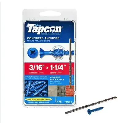 Buy TAPCON 24350 3/16-in X 1-1/4-in Phillips-Flat-Head Concrete Screw Anchor 75-Pack • 13.99$
