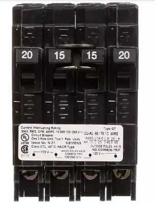 Buy Siemens Q22015CT One 2 Pole 20 A One 2 Pole 15 A Quad Circuit Breaker • 42.25$