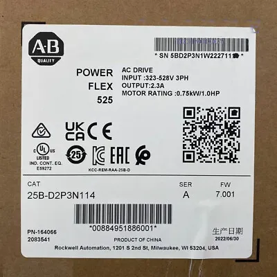 Buy New Sealed Allen-Bradley 25B-D2P3N114 PowerFlex 525 0.75kW 1Hp AC Drive USA • 327$