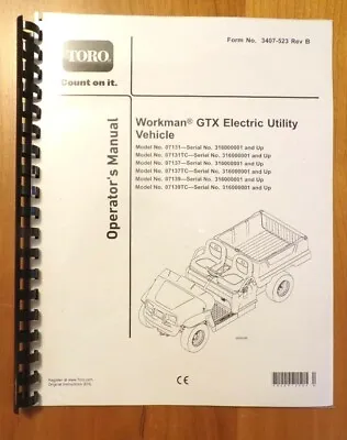 Buy Toro Workman Owner Manual 48 Pages Electric Utility Vehicle Covers Multiple #'s • 15.95$
