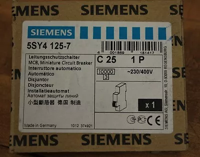 Buy Siemens 5SY4 125-7, MCB, Miniature Circuit Breaker, C25, 1P - NEW • 19.28$