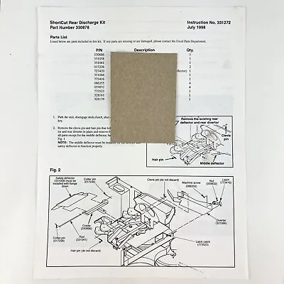 Buy Hustler 330878 Shortcut Rear Discharge Kit Assembly Instructions Manual Vtg 98 • 14$