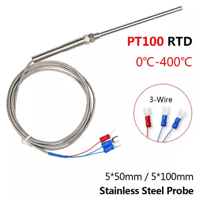 Buy PT100 RTD Temperature Sensor Resistance Thermometer 3-Wire 400℃ Probe 5*50/100mm • 5.79$