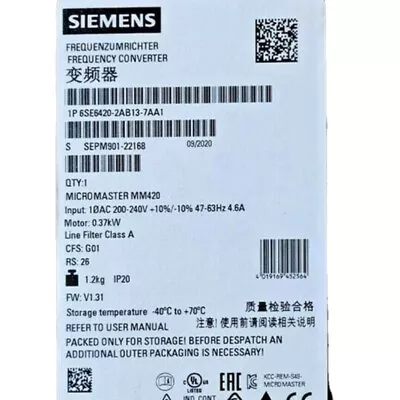 Buy New Siemens 6SE6 420-2AB13-7AA1 6SE6420-2AB13-7AA1 MICROMASTER420 Without Filter • 332.55$