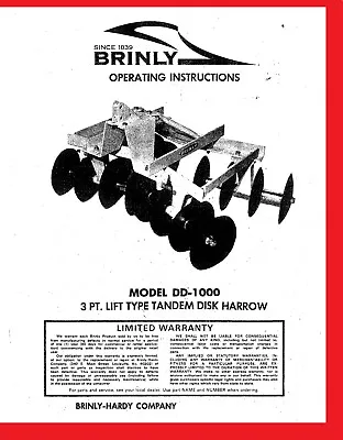 Buy Owner's Manual For Brinly DD-1000 3pt Double Gang Disk Harrow Disc Lawn Tractor • 15.50$