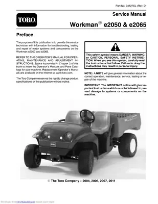 Buy Toro Workman E2050 & E2065 Service Manual | CD • 14.49$