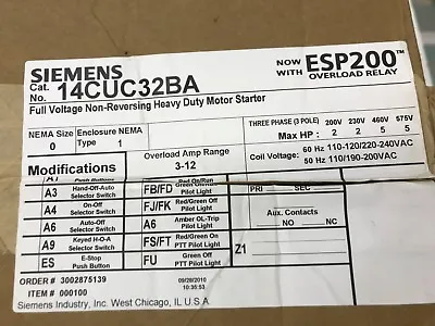Buy NEMA Magnetic Motor Starter SIEMENS 14CUC32BA With ESP200 Overload • 320$