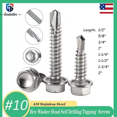 Buy #10 Hex Washer Head Self Drilling Tapping TEK Screws 410 Stainless Steel 1/2 -2  • 6.69$
