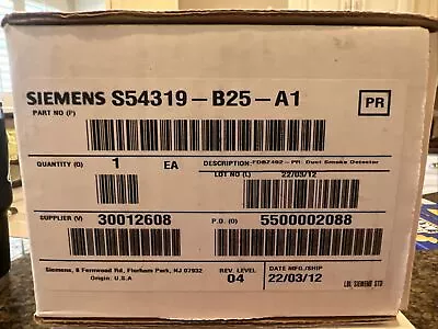Buy SIEMENS S54319-B25-A1 4 Wire Duct Smoke Detector Housing For FDBZ492-PR • 124.99$