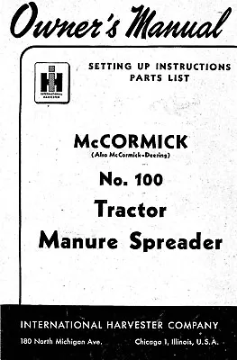 Buy 100 Tractor Manure Spreader Owners Manual Fits IH McCormick No. 100 1950 • 19.97$