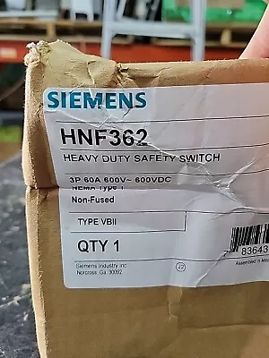 Buy NEW  - Siemens HNF362 60 Amp 600 VAC 3 Pole Non-Fused Indoor Disconnect DIS662 • 134.99$