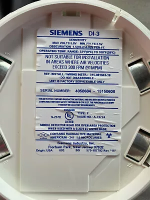 Buy Siemens Di-3 Ionization Smoke Detector Fire Alarm • 75$