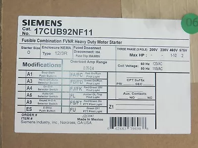 Buy Siemens 17CUB92NF11 Fusible Combination Heavy Duty FVNR 2HP Motor Starter NEW • 399.91$