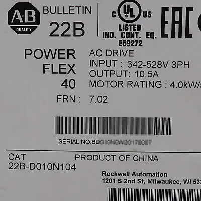 Buy Allen-Bradley PowerFlex 40 4.0KW/ 5.0HP AC Drive 22B-D010N104 New Factory Sealed • 730$