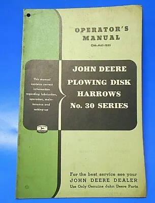 Buy Vintage John Deere Oper Manual No 30 Series Plowing Disc Harrow • 14.34$