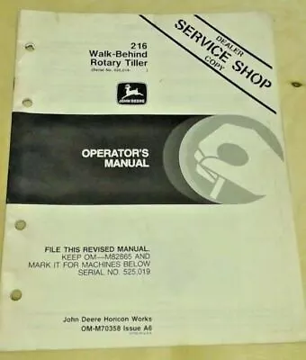 Buy John Deere 216 Walk-Behind Rotary Tiller Operator Manual OM-M70358 Issue A6    • 19.99$