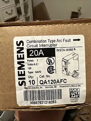 Buy 10 Pack Siemens Qa120afc 20 Amp Plug-on Neutral Arc Fault Afci Circuit Breakers • 399$