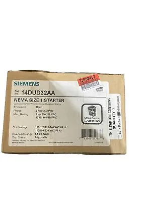 Buy Siemens 14DUD32AA Nema Size 1 Starter 5.5-22amps Adjustable Overload • 298.99$