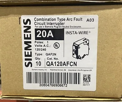 Buy 10 New Siemens QA120AFCN 20A 1P Type AFCI Plug-On Neutral Circuit Breaker • 360$