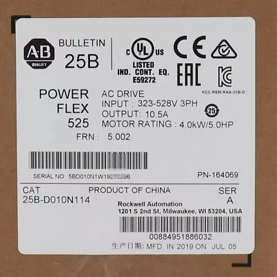 Buy Allen-Bradley 25B-D010N114 PowerFlex 525 4kW (5Hp) AC Drive Factory Sealed US • 497.76$