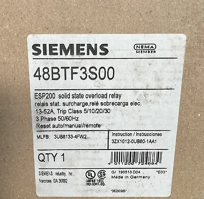 Buy SIEMENS 48BTF3S00 ESP200 3UB8133 4FW2 Electronic Overload Relay 13-52 AMP NIB • 250$