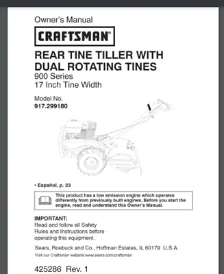 Buy Craftsman Garden TILLER Model 917.299180 Owner's & Parts List Manual 104 Pages • 21$