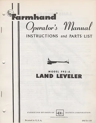 Buy Farmhand Land Leveler  Model F92-a Operator's & Parts Manual Fs173-157 (469) • 20.88$