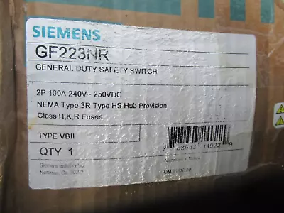 Buy Siemens GF223NR, 100 Amp, 240 Volt, 2P 3W, NEMA 3R, Fusible, Disconnect -NEW-B • 275$