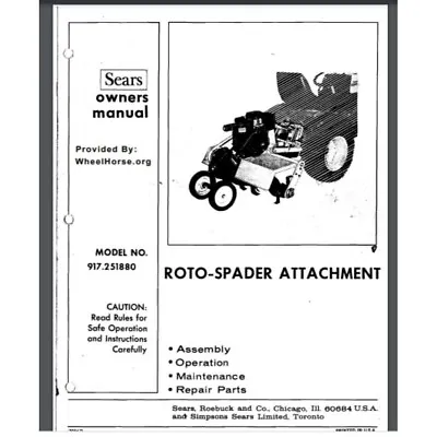 Buy Sears Tractor 3 Point 8 HP Roto Spader Tiller Owner & Parts Manual 917.251880 • 15.95$