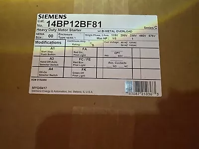 Buy Siemens 14BP12BF81 Enclosed Starter, Size 00, 600V, 2 Pole, 120V Coil -NEW-  • 149$